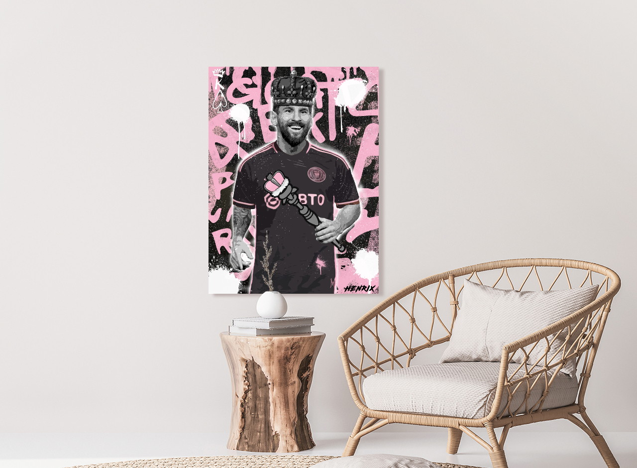 Canvas artwork by Henrix showing Lionel Messi with graffiti effects, crowned as Miami soccer royalty