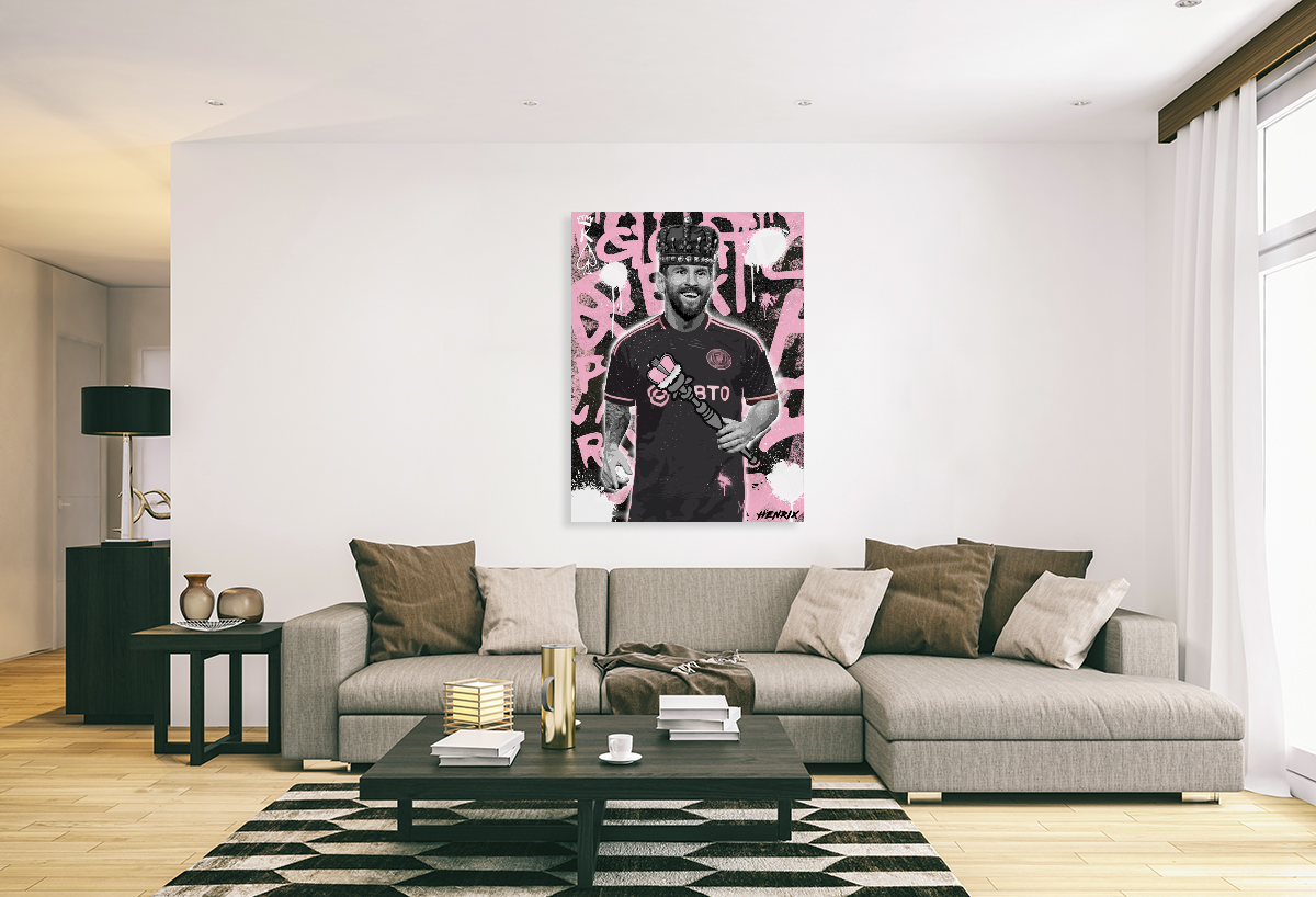 Canvas artwork by Henrix showing Lionel Messi with graffiti effects, crowned as Miami soccer royalty