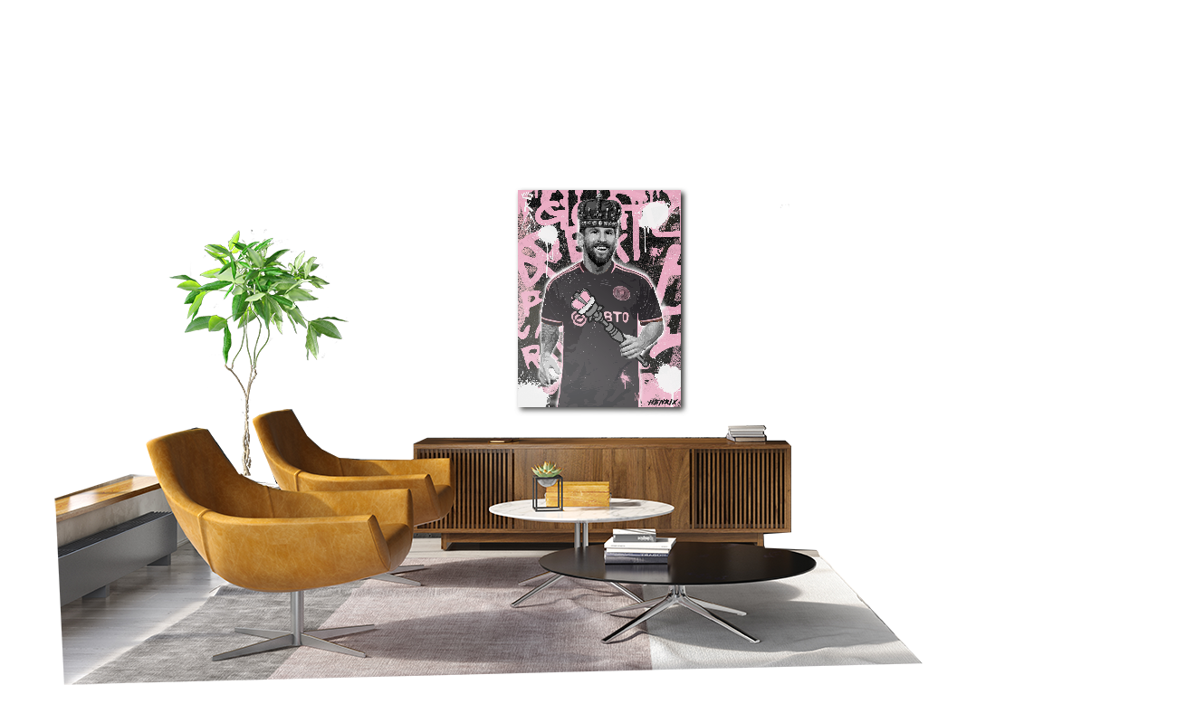 Canvas artwork by Henrix showing Lionel Messi with graffiti effects, crowned as Miami soccer royalty