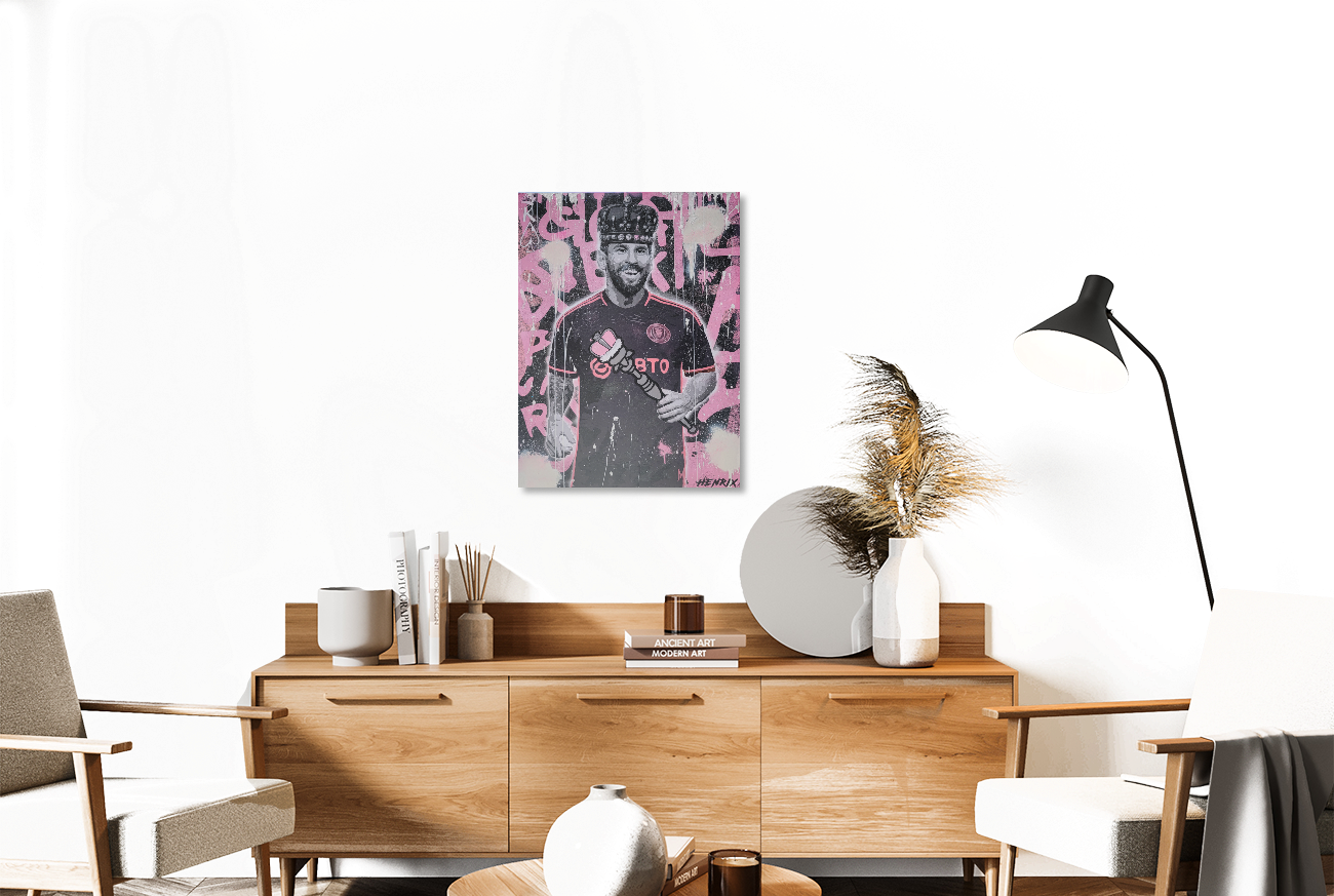Canvas artwork by Henrix showing Lionel Messi with graffiti effects, crowned as Miami soccer royalty