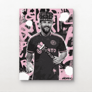 Messi Inter Miami canvas print by Henrix showing Lionel Messi wearing Inter Miami jersey with crown symbolizing World Cup victory in contemporary pop art portrait