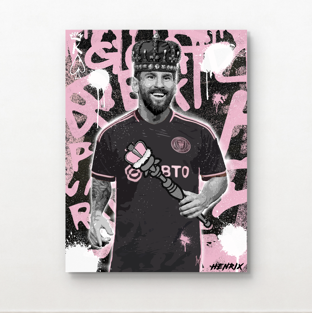 Messi Inter Miami canvas print by Henrix showing Lionel Messi wearing Inter Miami jersey with crown symbolizing World Cup victory in contemporary pop art portrait