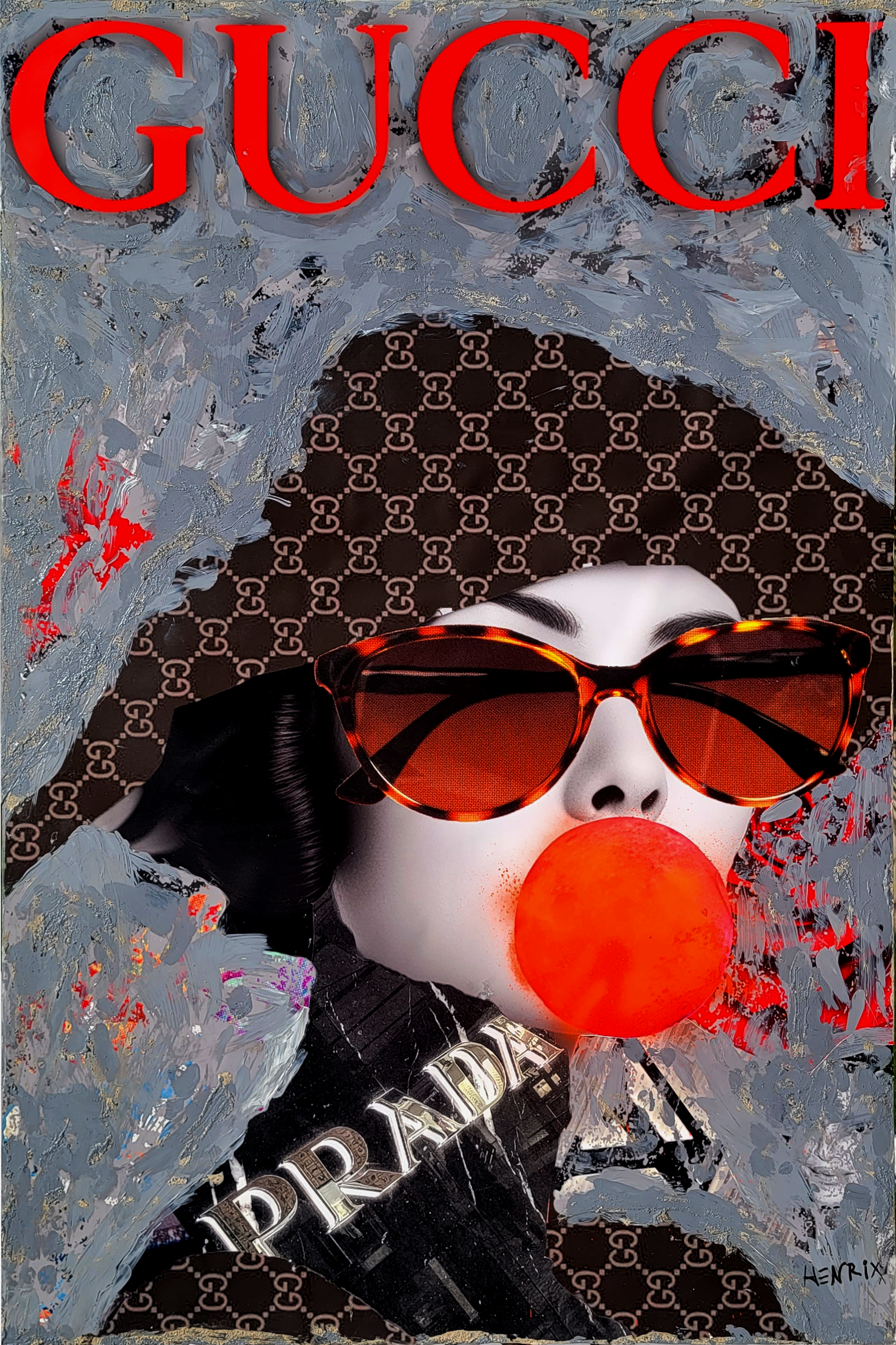 Concrete Dreams original painting fashion portrait with bubblegum and luxury pattern by Henrix