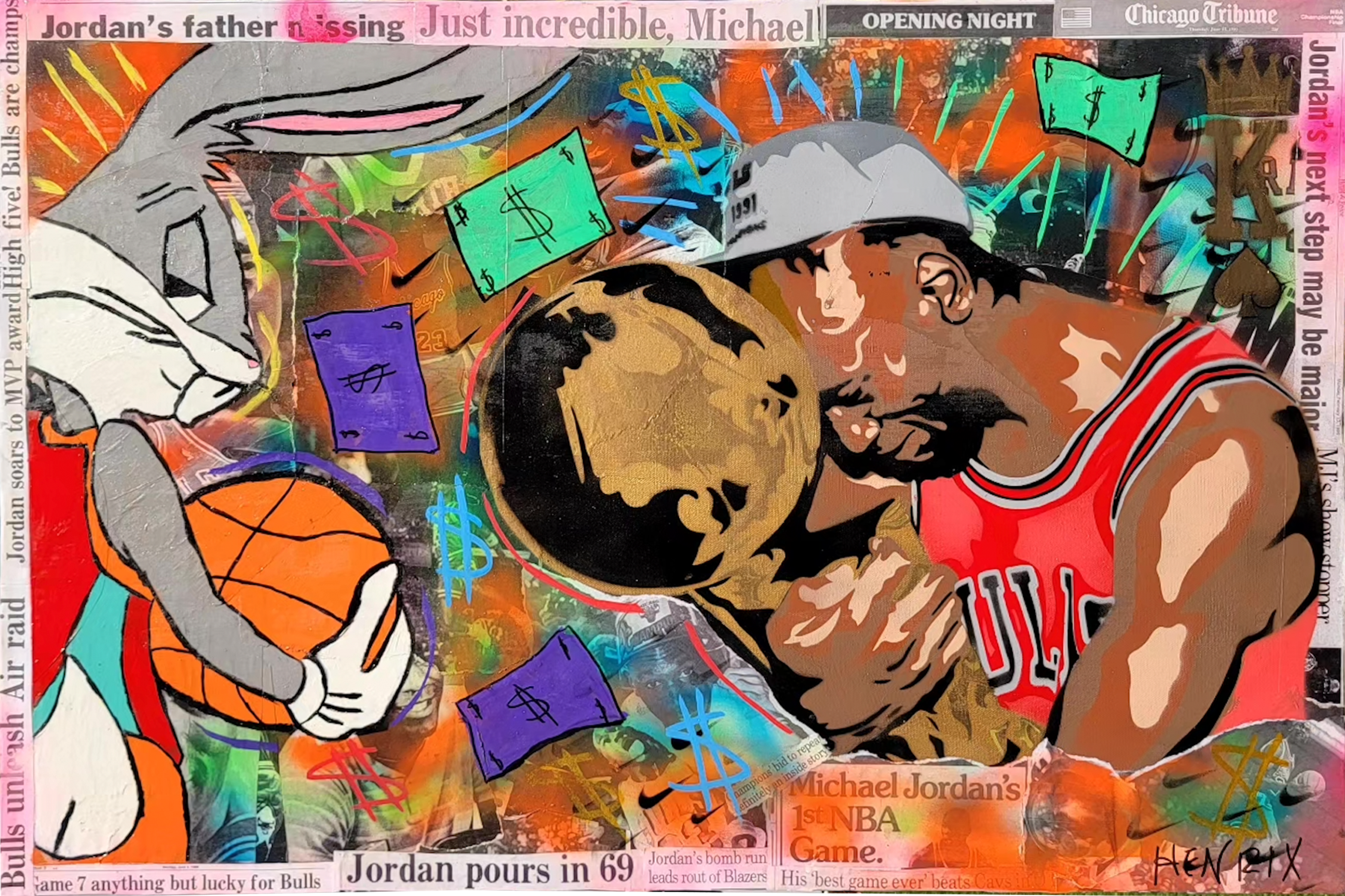 The Goat original painting by Henrix – Michael Jordan mixed media close-up