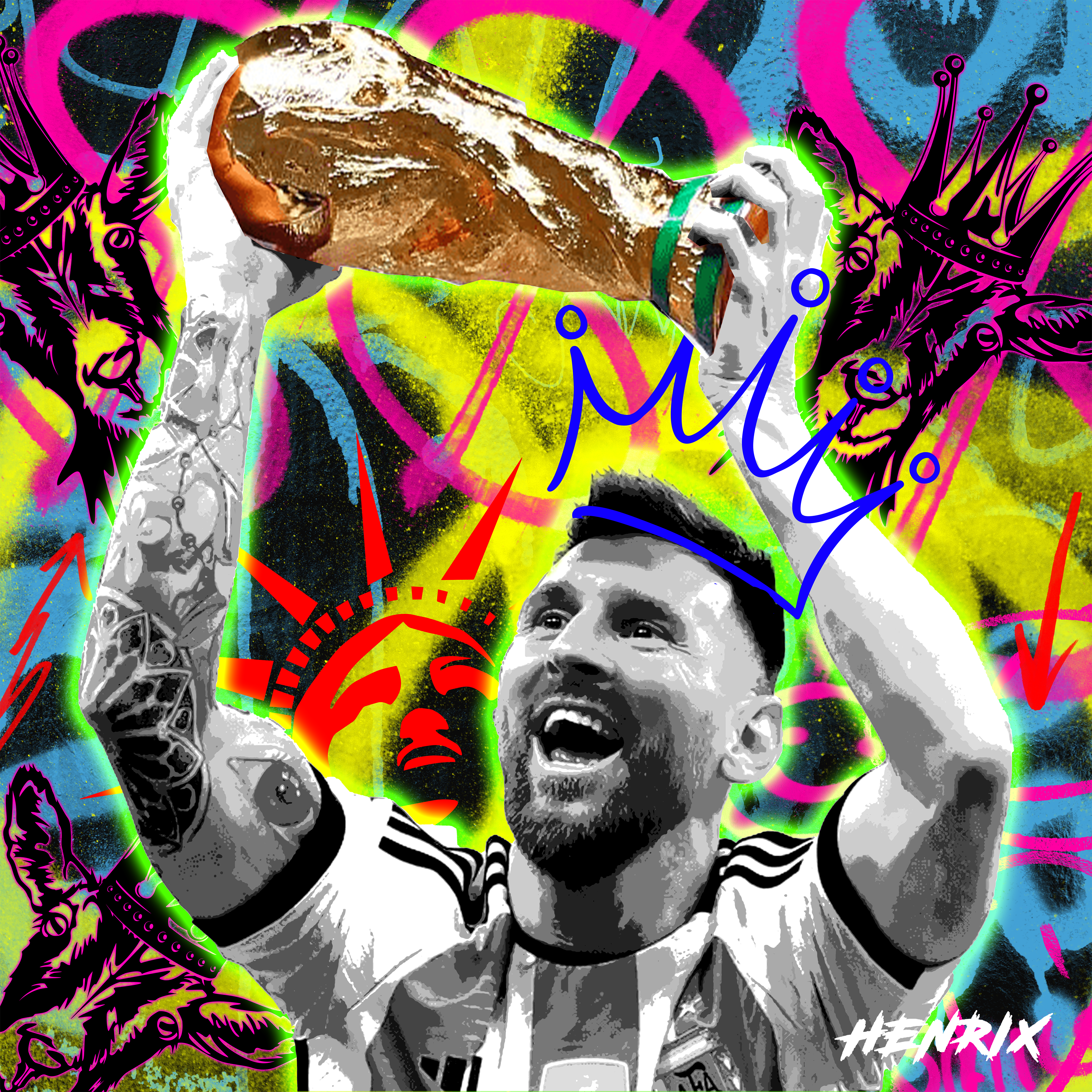 Messi Magic original painting by Henrix is a 48x48 commissioned World Cup tribute artwork.