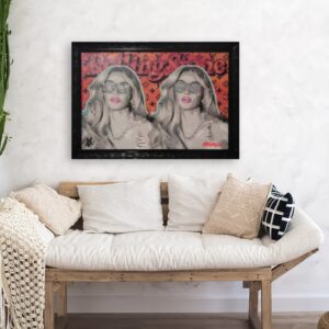 "Kimberly" Pop art painting by Henrix with side-by-side portraits of Kim Kardashian in glitter shades against orange-pink backdrop