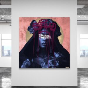 Haunted Roses canvas print by Henrix showing surreal portrait with roses, graffiti style paint and golden halo in contemporary collage art style