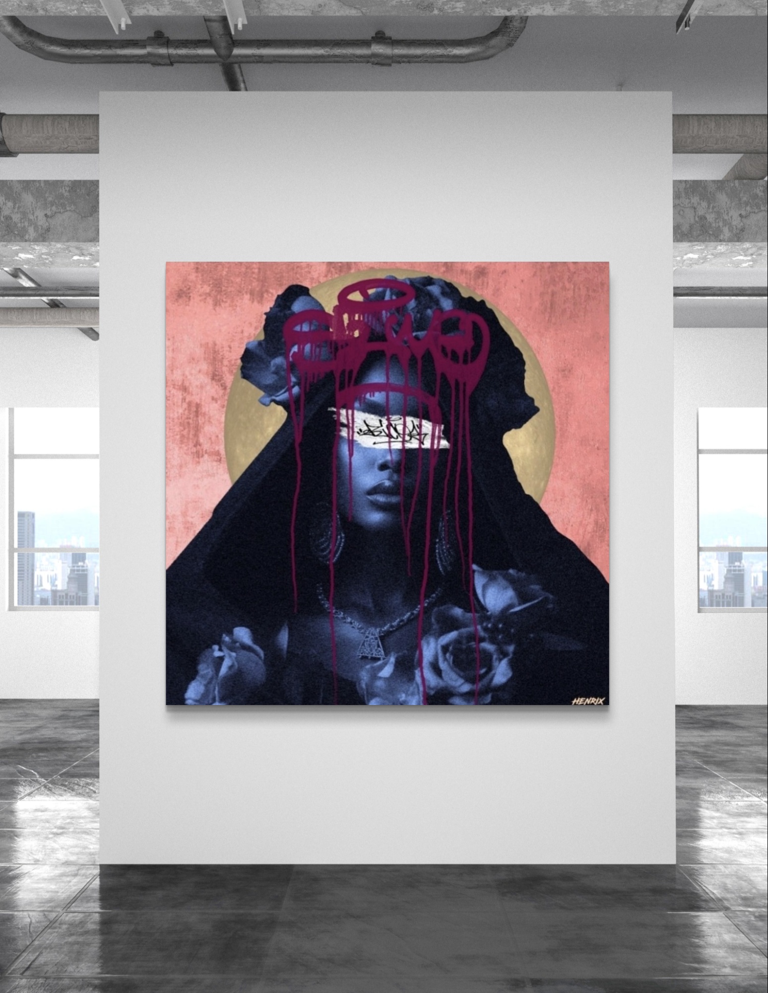 Haunted Roses canvas print by Henrix showing surreal portrait with roses, graffiti style paint and golden halo in contemporary collage art style