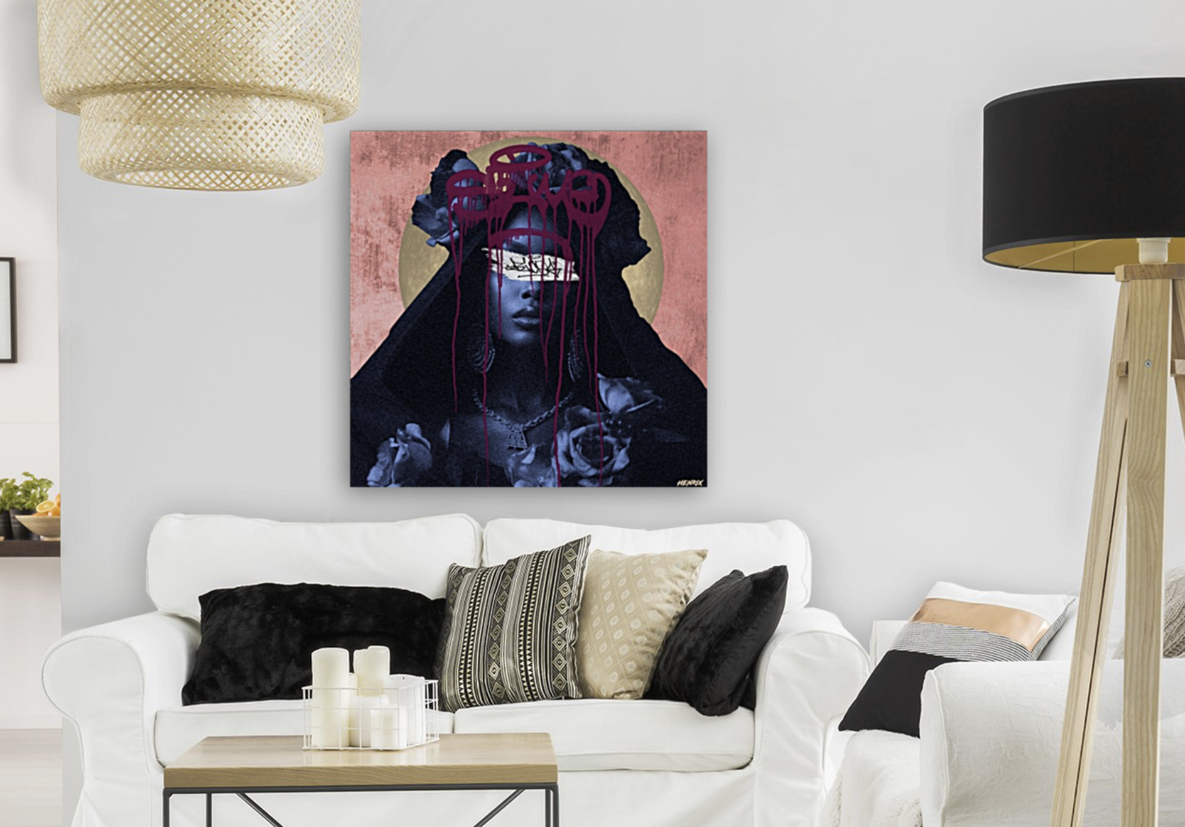 "Haunted Roses" canvas art by Henrix showing a mysterious woman in pink and purple tones with dripping graffiti and roses