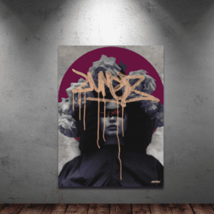 Monochrome Roses canvas print by Henrix showing surreal portrait with monochrome roses, graffiti lettering and modern collage street art style