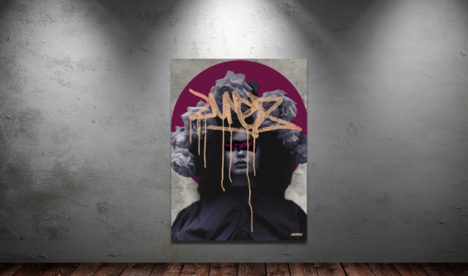Monochrome Roses canvas print by Henrix showing surreal portrait with monochrome roses, graffiti lettering and modern collage street art style