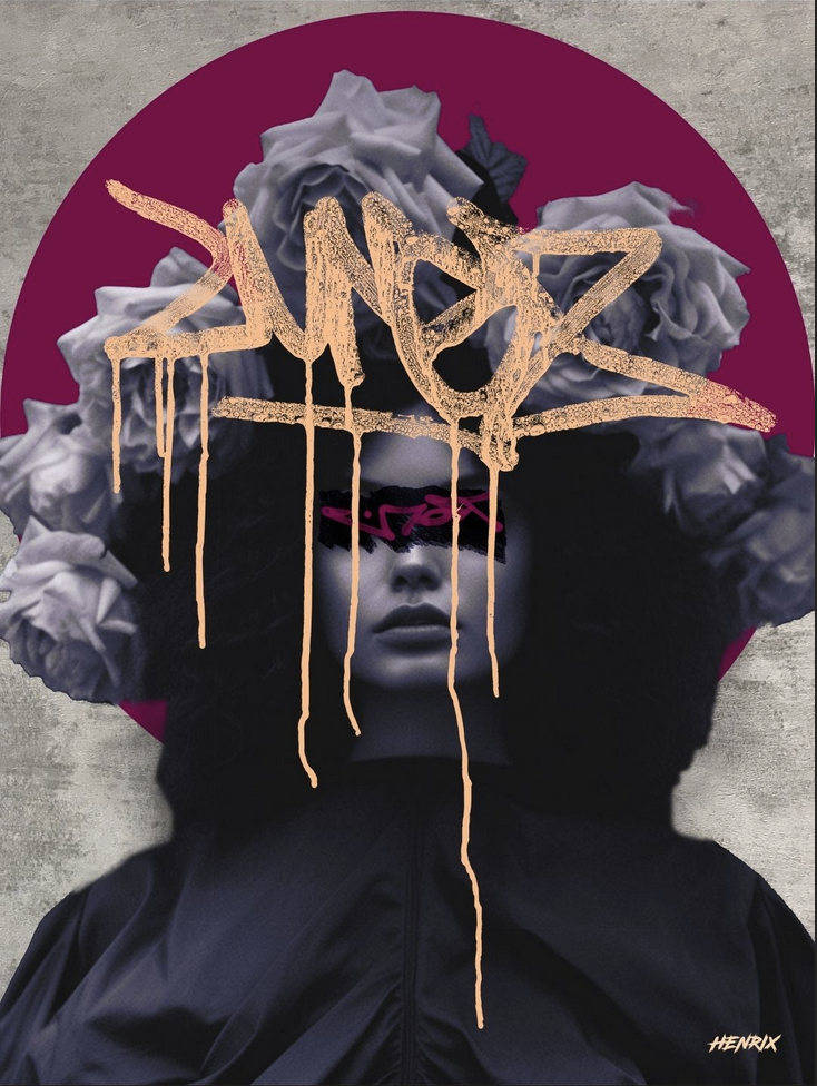 Close-up of "Monochrome Roses" artwork by Henrix featuring grayscale woman with floral crown