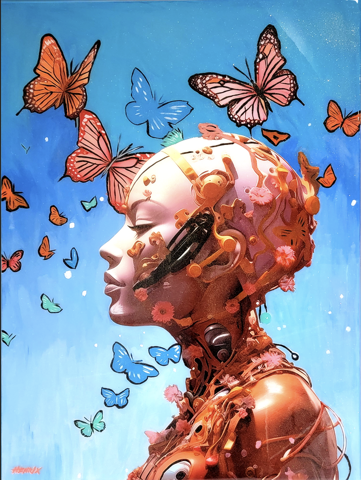 Mechanical Renaissance original painting by Henrix – resin and diamond dust on wood