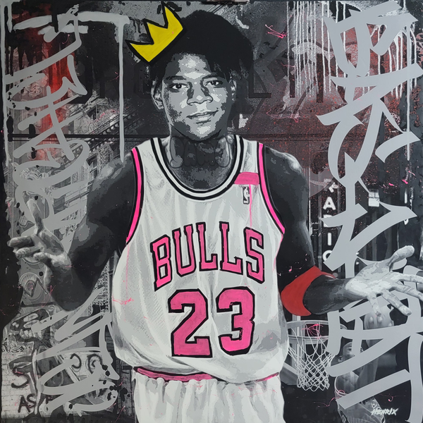 Basquiat X Jordan Shrug original painting by Henrix – collage with resin on wood