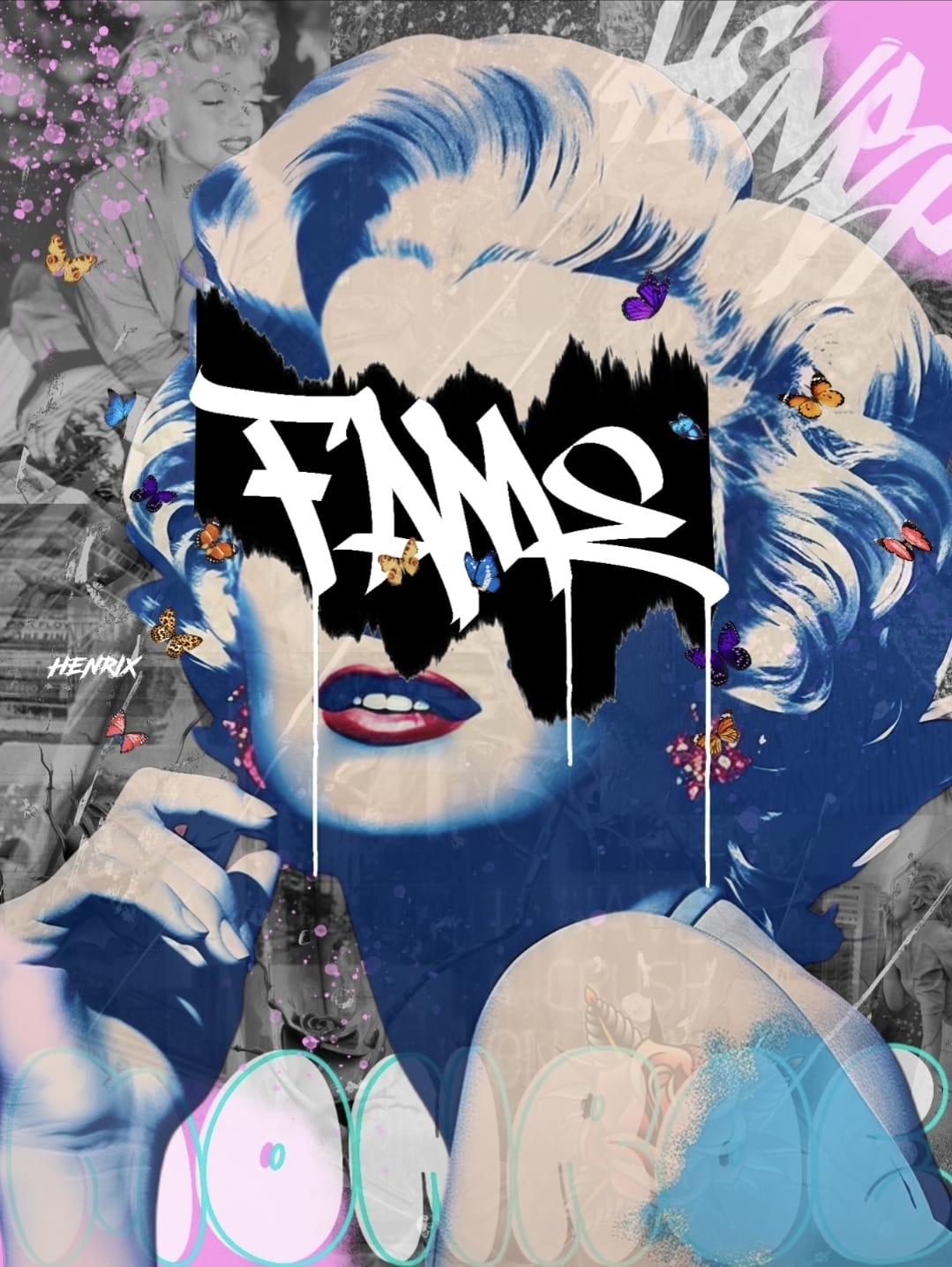 Fame original painting by Henrix is a 36x48 mixed media artwork exploring celebrity, identity, and the raw tension behind Marilyn Monroe’s iconic image.