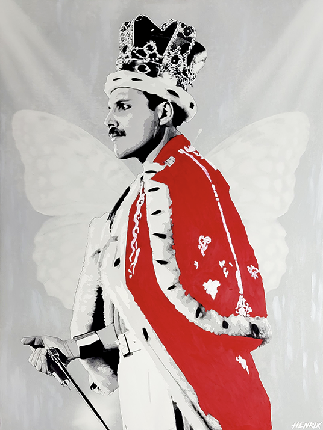 Freddie Mercury original painting Silver Icons Series by Henrix with red robe and crown