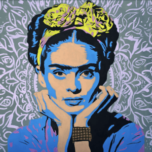 Frida Hepburn original painting pop art portrait mashup of Frida Kahlo and Audrey Hepburn by Henrix