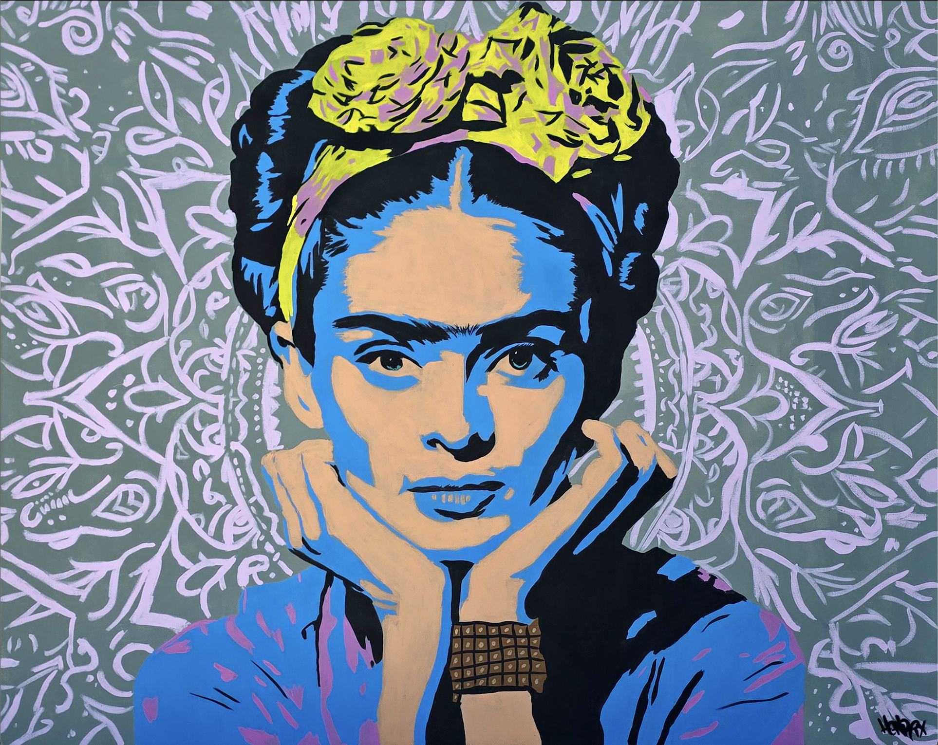Frida Hepburn original painting pop art portrait mashup of Frida Kahlo and Audrey Hepburn by Henrix