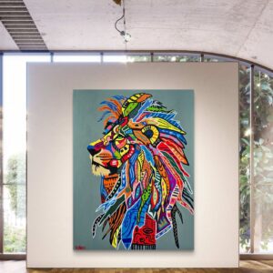 Remember Who You Are original painting lion portrait by Henrix with tribal patterns