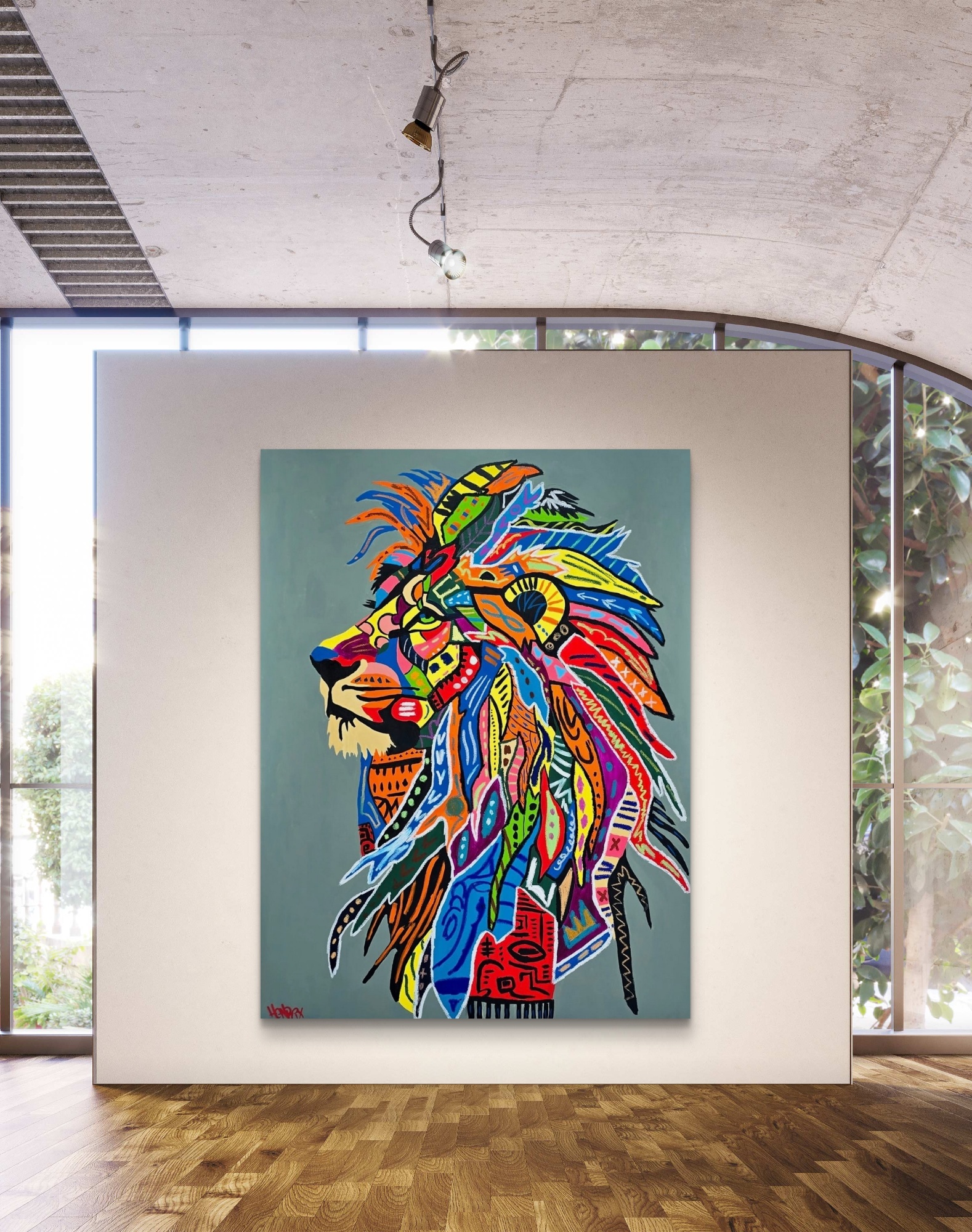 Remember Who You Are original painting lion portrait by Henrix with tribal patterns