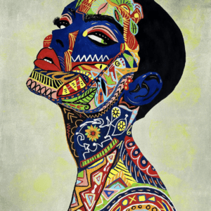 Young and Beautiful original painting symbolic portrait by Henrix with colorful tribal patterns