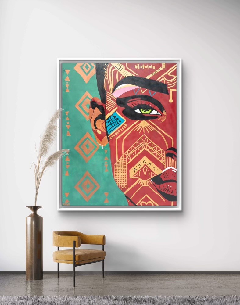 Painting titled “Her Essence, Her Stare” by Henrix showing a female face with one green eye and intricate gold geometric patterns