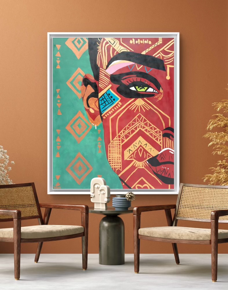 Painting titled “Her Essence, Her Stare” by Henrix showing a female face with one green eye and intricate gold geometric patterns