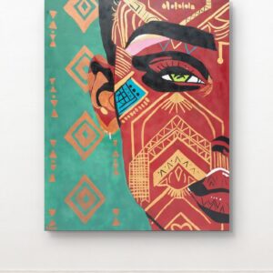 Her Essence Her Stare original painting tribal portrait by Henrix with bold red and green background