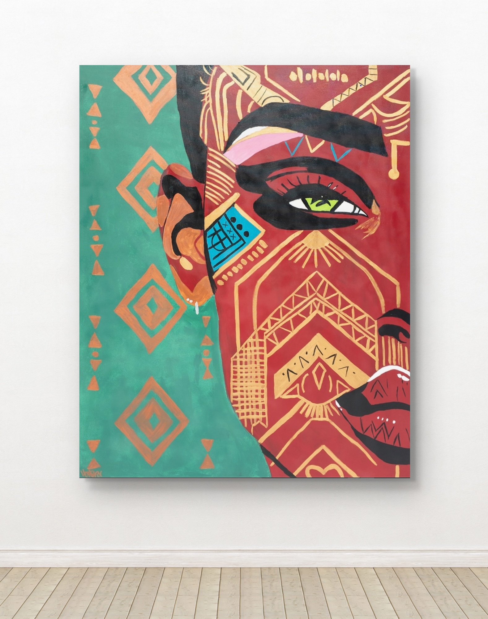 Her Essence Her Stare original painting tribal portrait by Henrix with bold red and green background