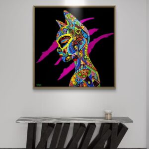 Love and War canvas print by Henrix featuring tribal-style Catwoman portrait with vibrant pop art patterns on black background