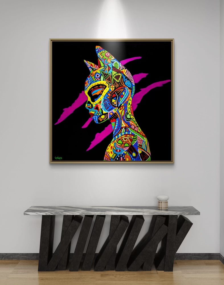 Love and War canvas print by Henrix featuring tribal-style Catwoman portrait with vibrant pop art patterns on black background