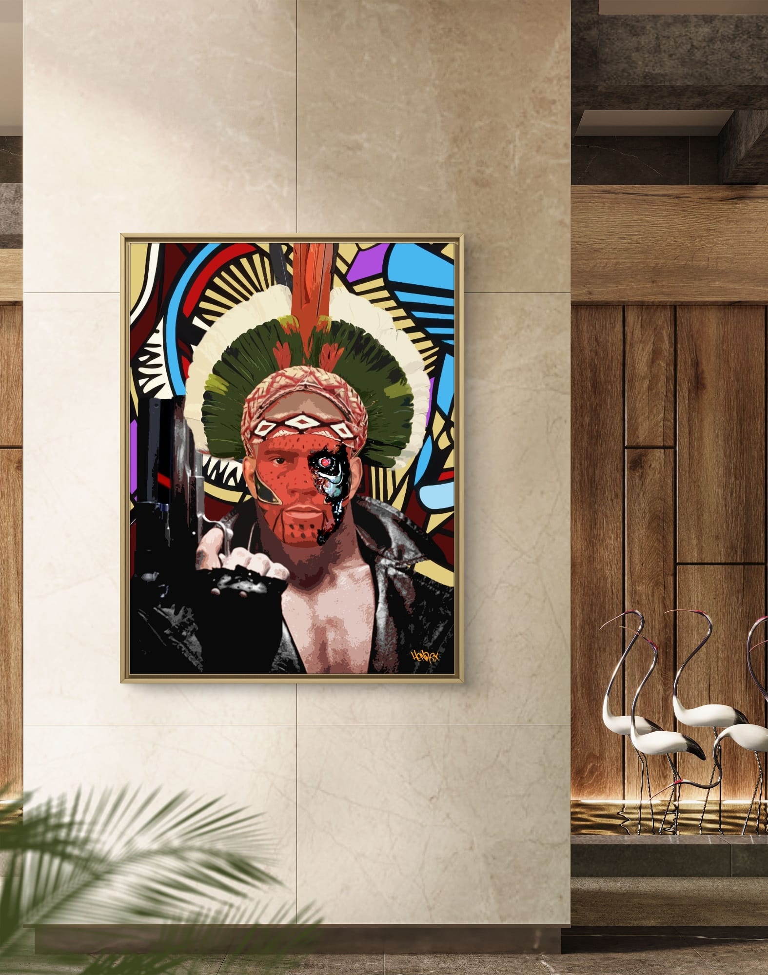"Poatan x Terminator" Henrix artwork of MMA fighter Alex Pereira fused with Terminator features, including a mechanical jaw and indigenous warrior headdress