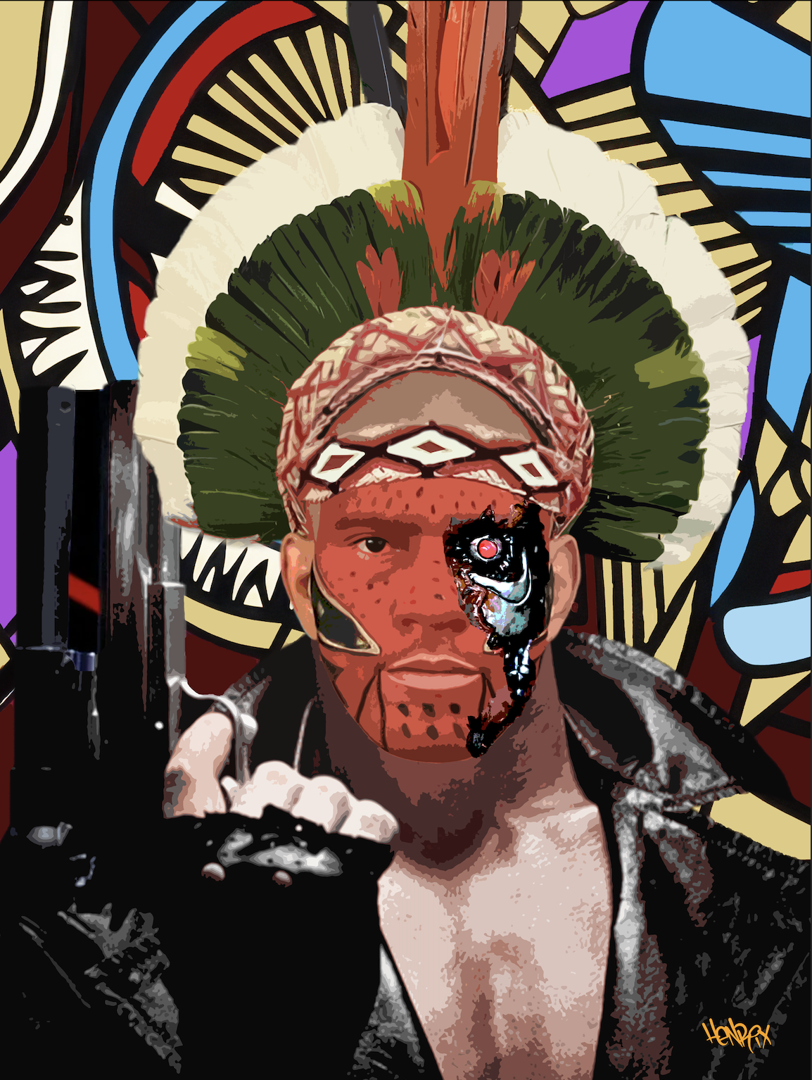 "Poatan x Terminator" Henrix artwork of MMA fighter Alex Pereira fused with Terminator features, including a mechanical jaw and indigenous warrior headdress