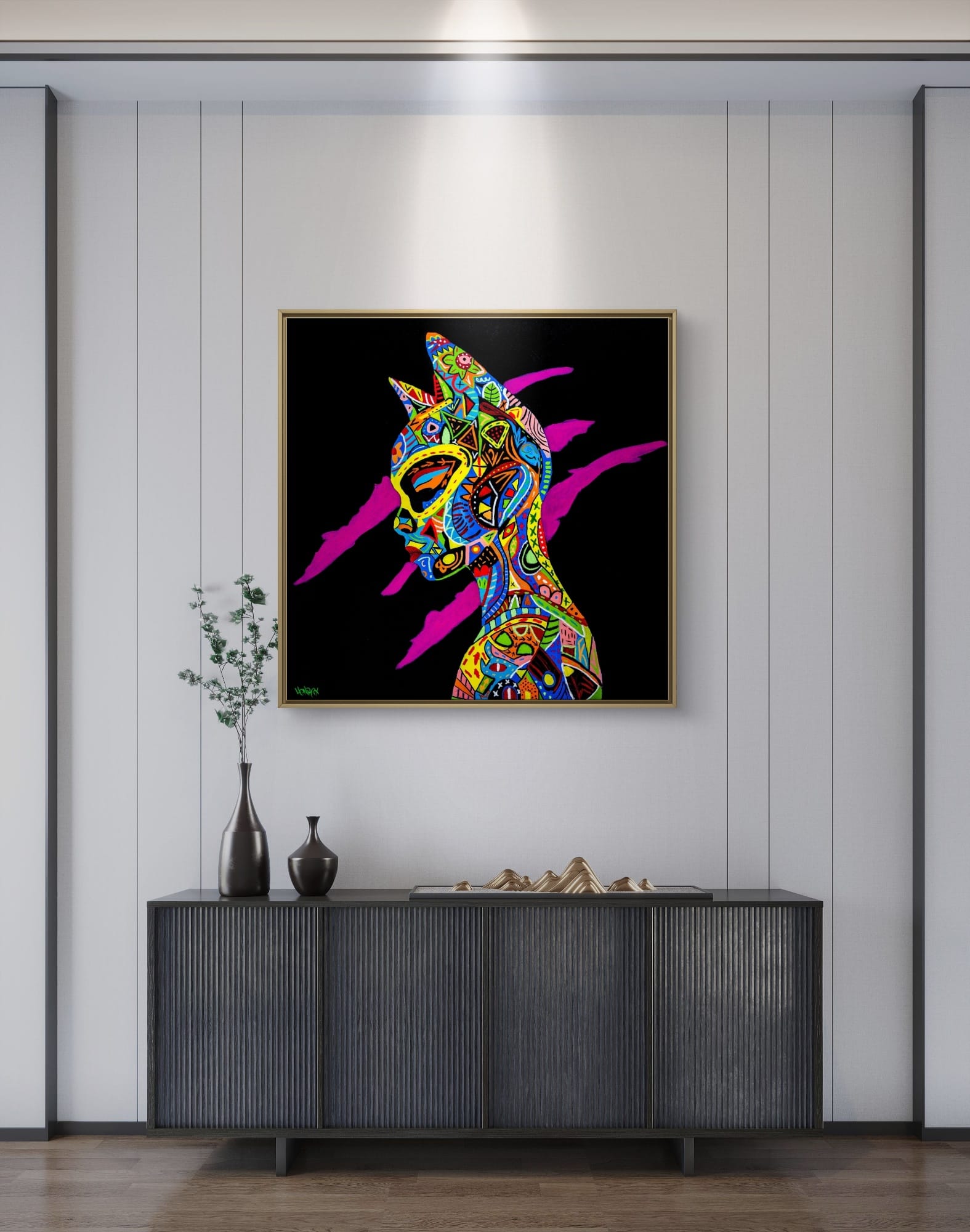 Painting titled “Love and War” by Henrix featuring a colorful portrait of Catwoman with patterned designs on a black background