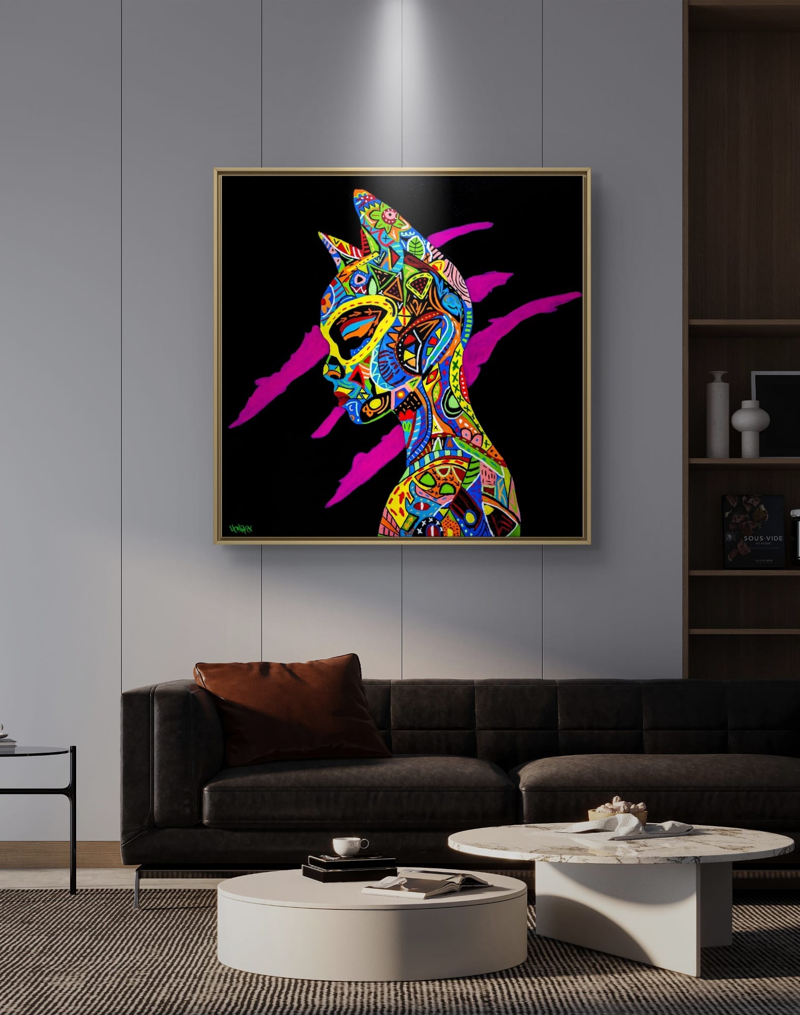 Painting titled “Love and War” by Henrix featuring a colorful portrait of Catwoman with patterned designs on a black background