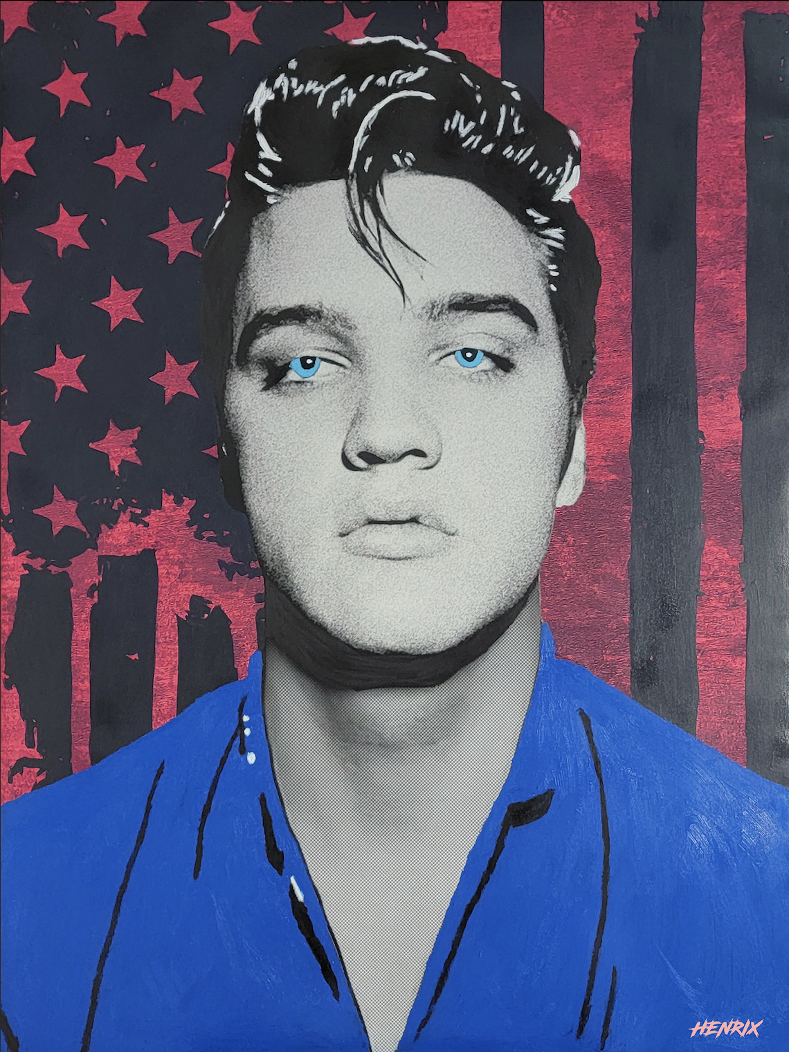 “Elvis Presley” artwork by Henrix showing the King with silver finish, and graphic American flag behind him
