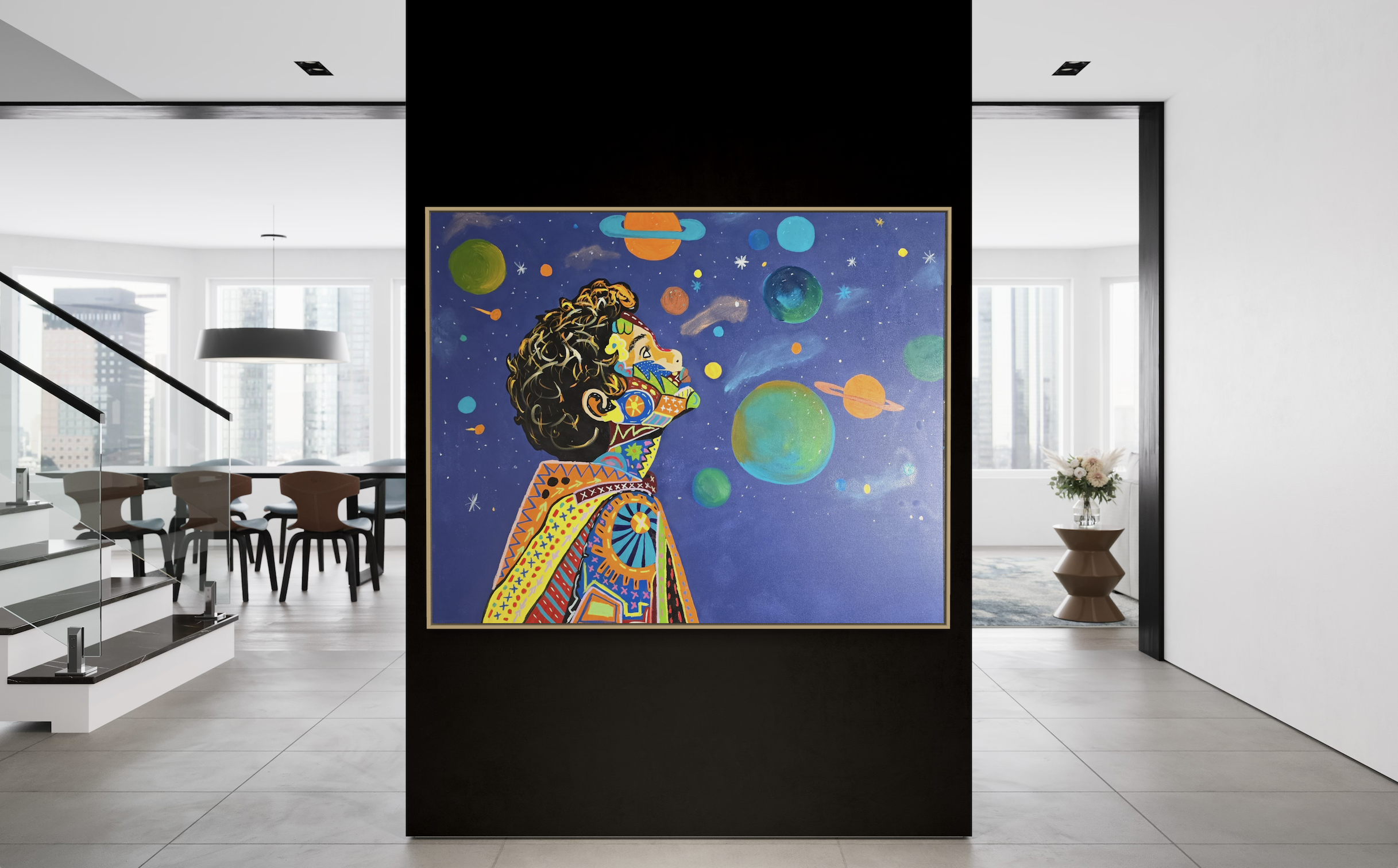 Save the World original painting by Henrix colorful cosmic portrait planets surreal contemporary art resin finish