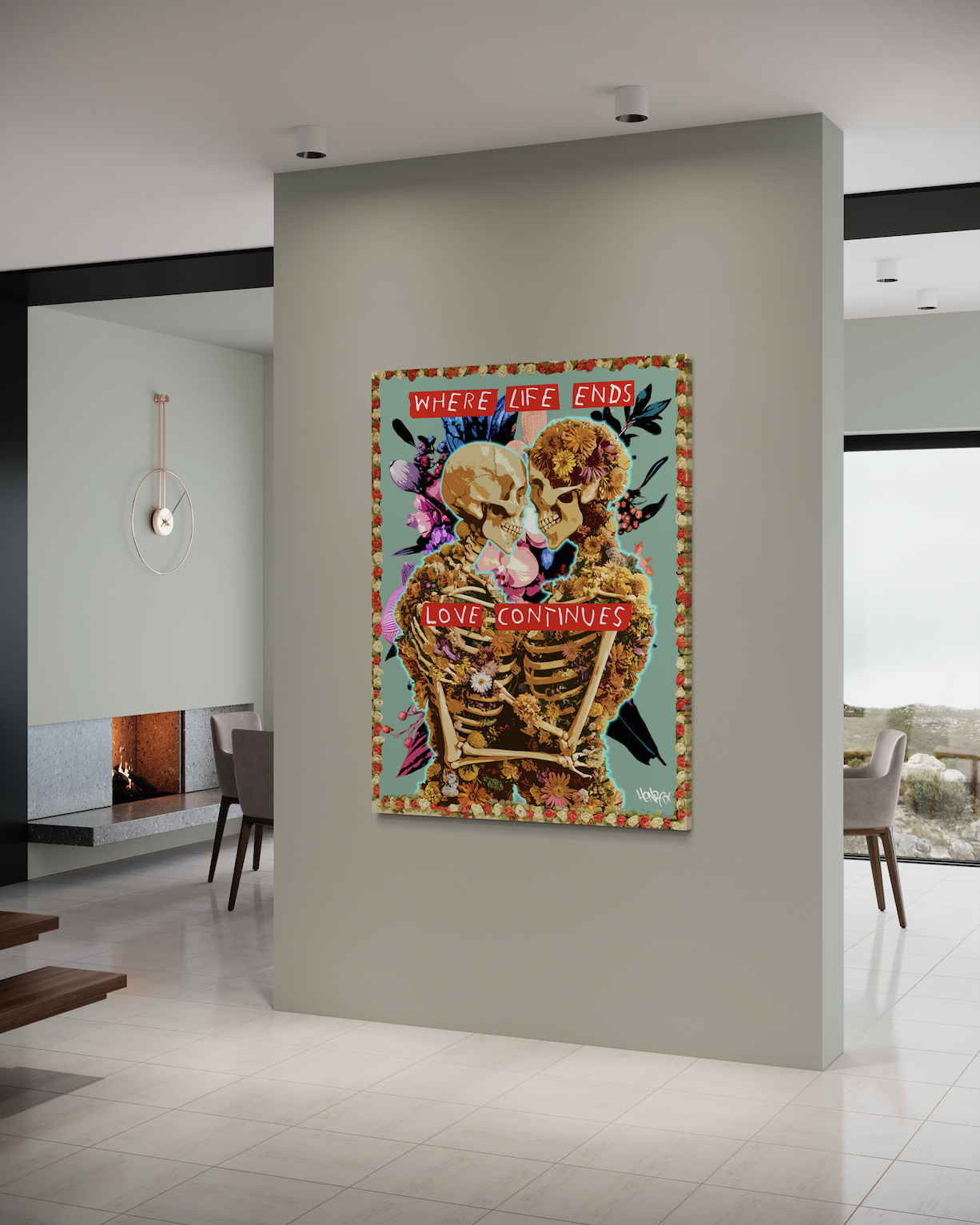 "Where Life Ends Love Continues": Emotional art piece by Henrix featuring skeletons in a romantic embrace, surrounded by flowers