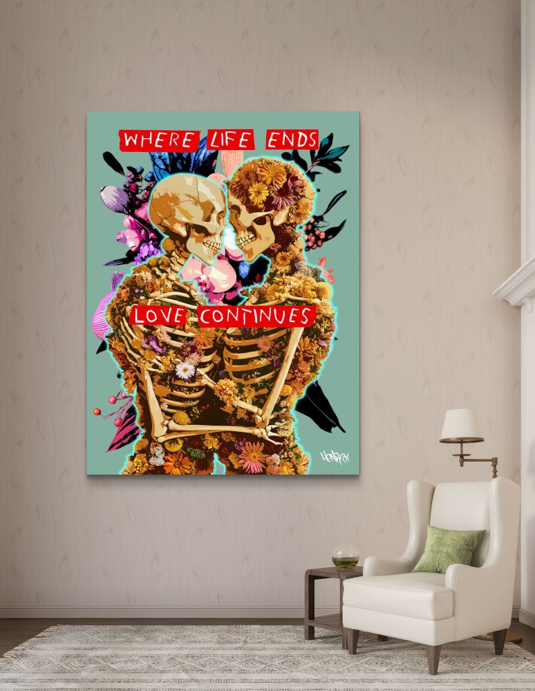 "Where Life Ends Love Continues": Emotional art piece by Henrix featuring skeletons in a romantic embrace, surrounded by flowers