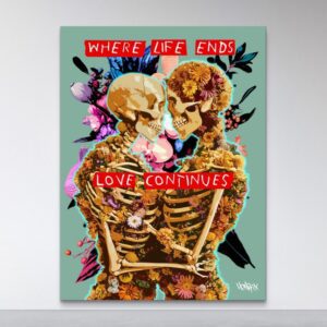 Where Life Ends Love Continues canvas print by Henrix showing two embracing floral skeletons with quote about love continuing after loss