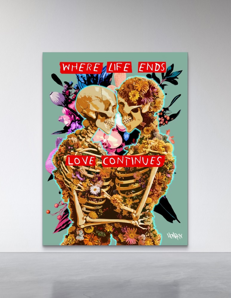Where Life Ends Love Continues canvas print by Henrix showing two embracing floral skeletons with quote about love continuing after loss
