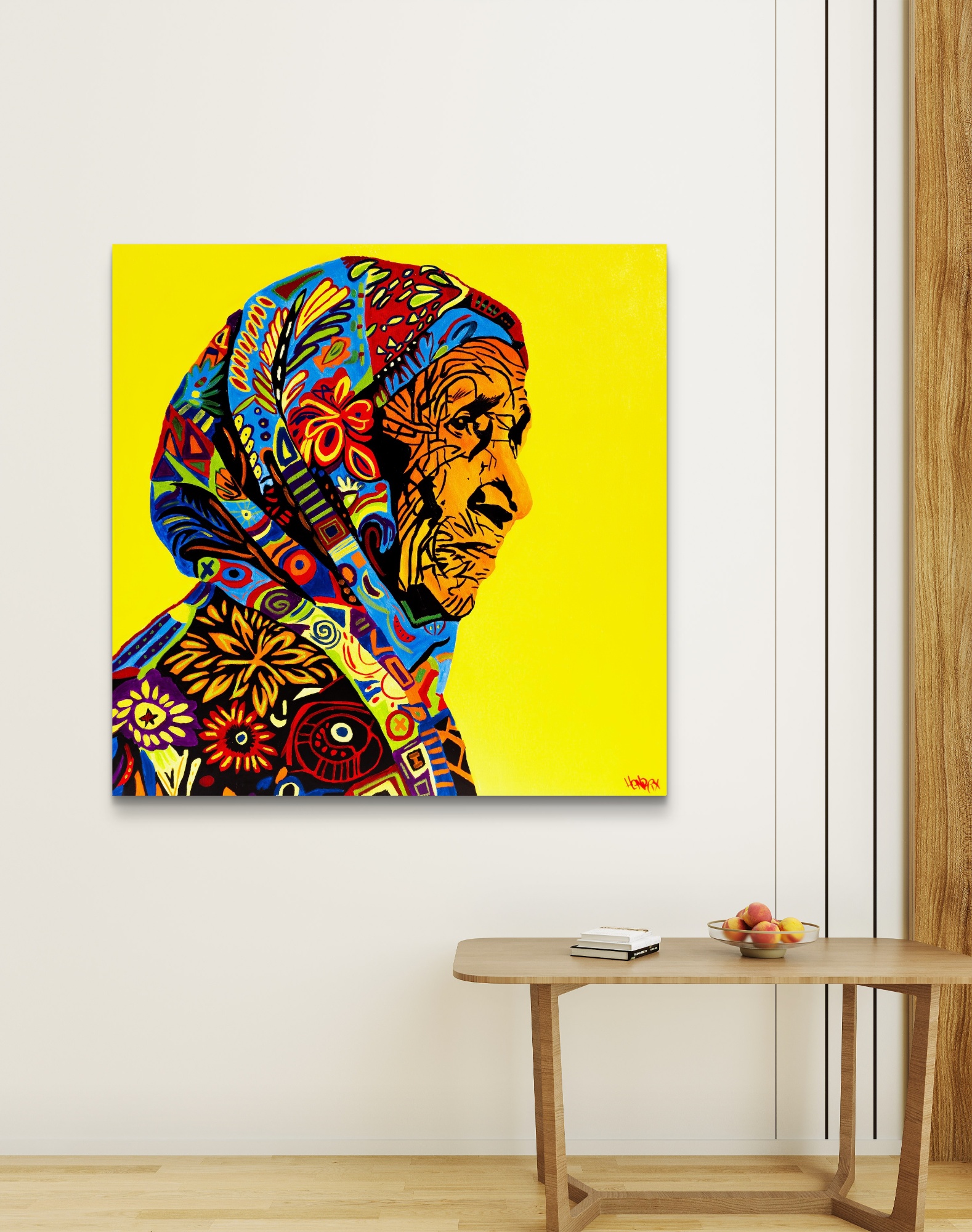 Tribal motif detail on Mother Teresa canvas painting by Henrix – Two Much Art