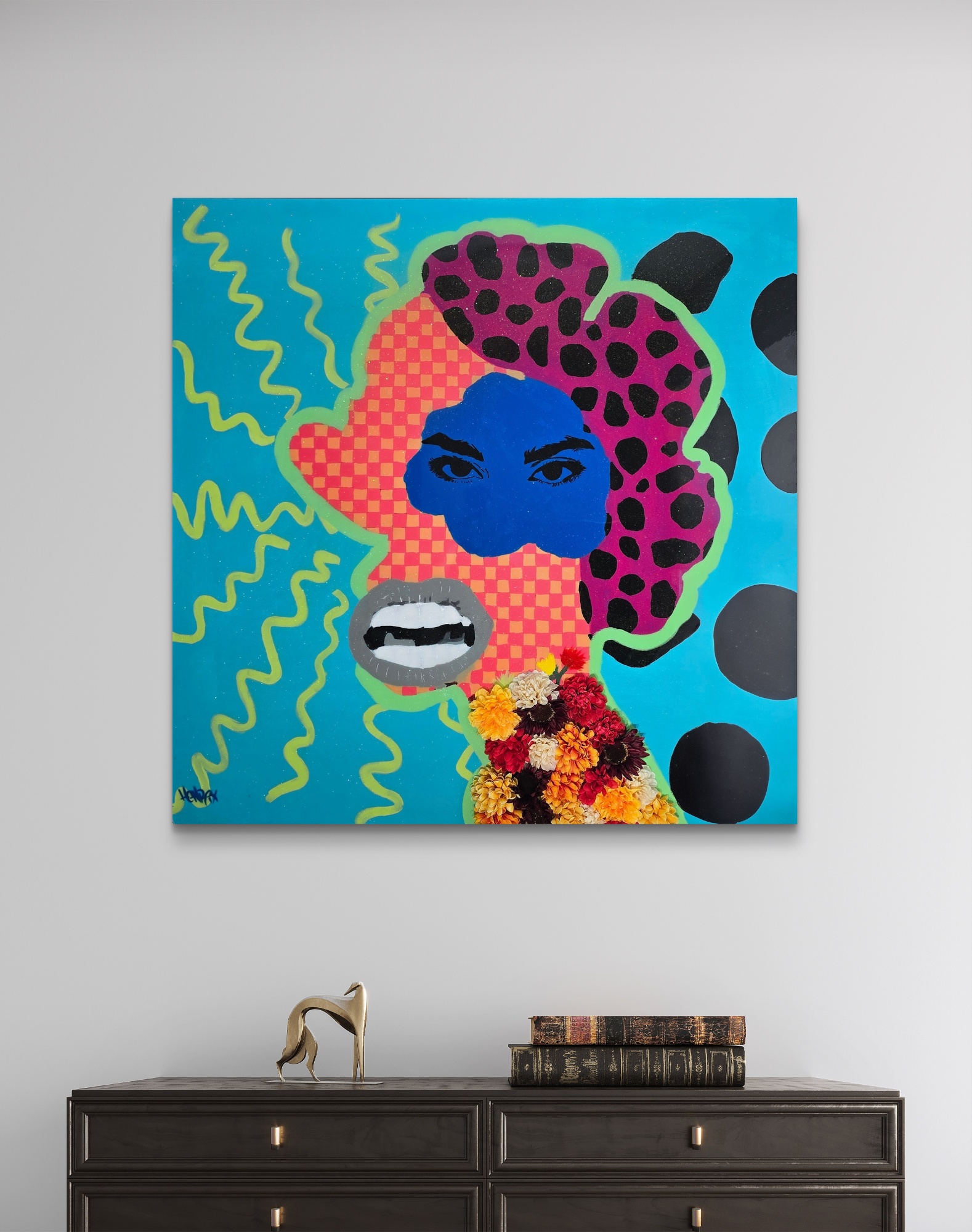 Blah Blah Blah original painting by Henrix acrylic on canvas resin finish with artificial roses contemporary expressionism