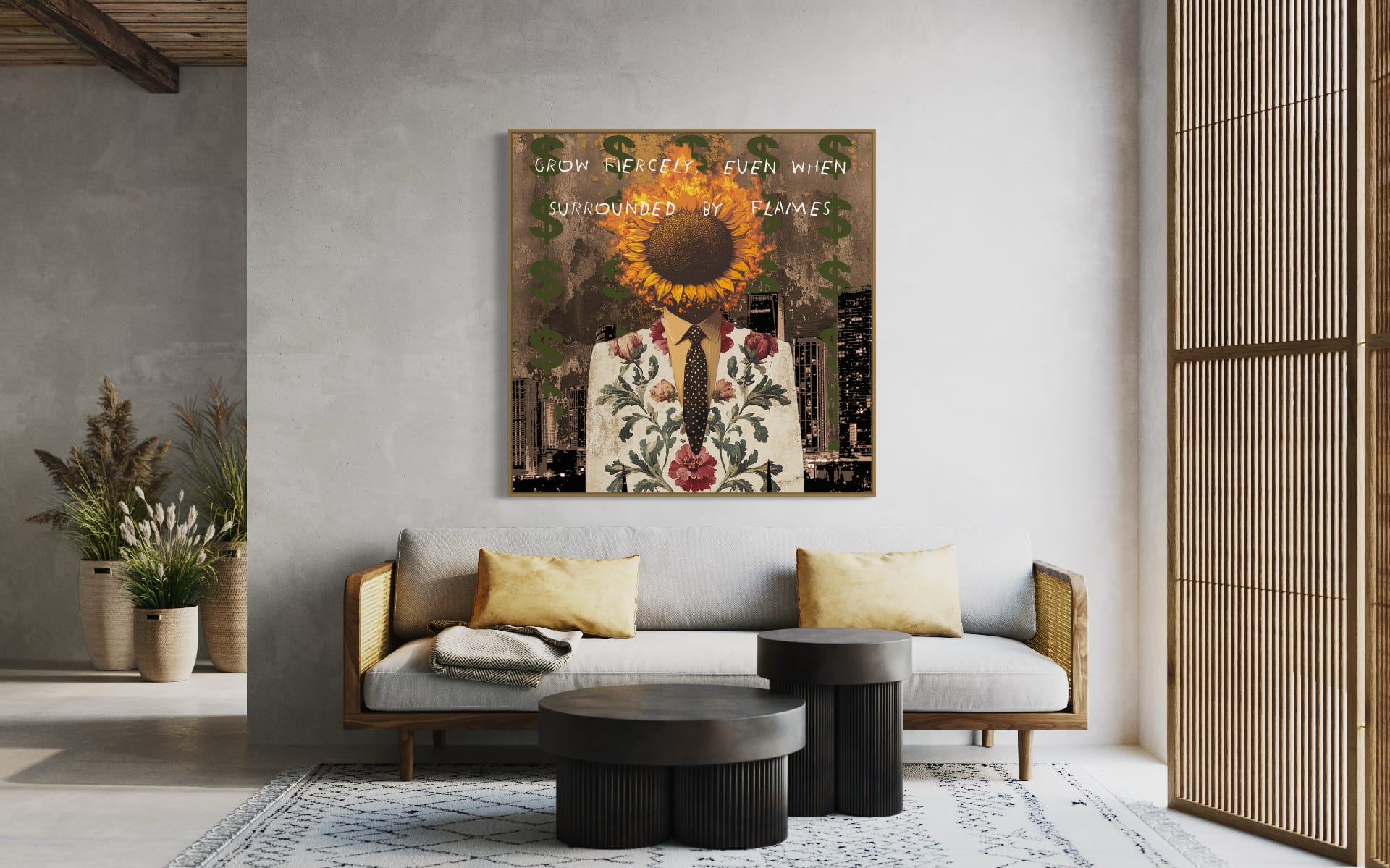 "Grow Fiercely Even When Surrounded by Flames" canvas art by Henrix featuring a sunflower-headed figure in a fiery cityscape