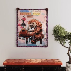 Music Sounds Better With You original painting by Henrix elephant piano surreal art resin floral frame