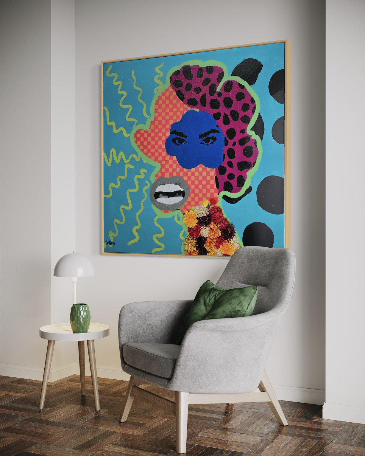 "Blah Blah Blah" canvas art by Henrix displayed in a modern home interior