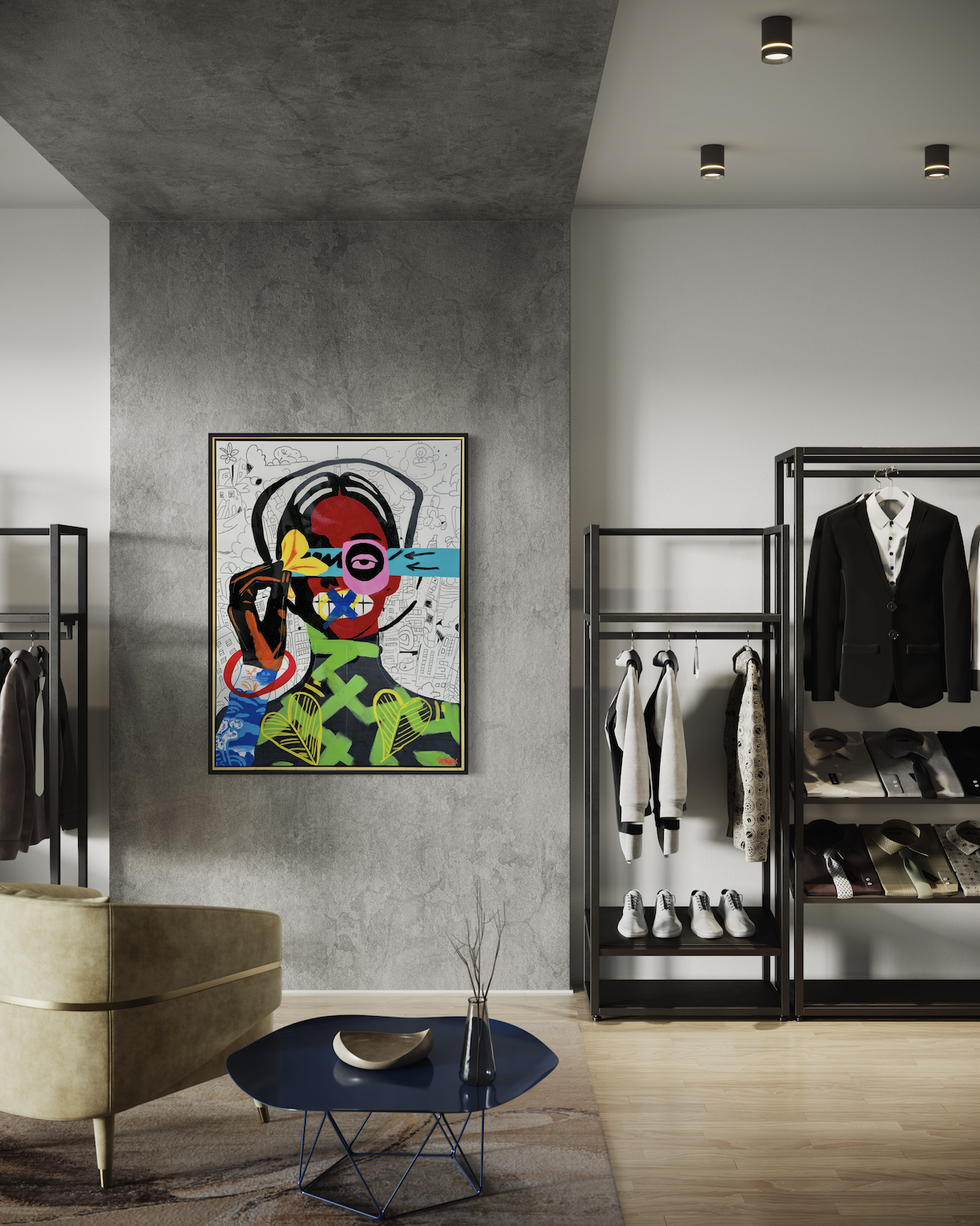 "Express Yourself" artwork by Henrix displayed in living room