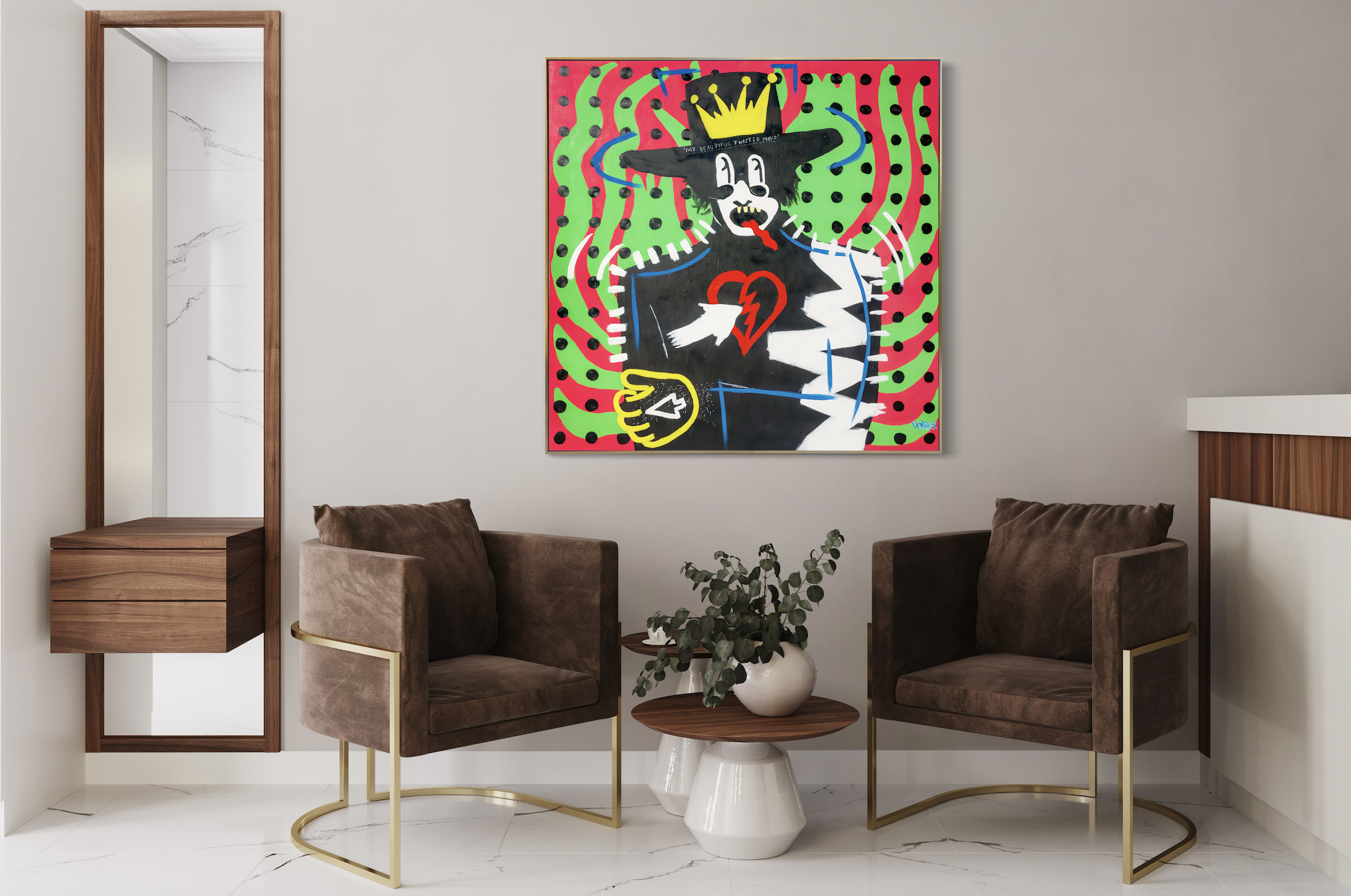 "My beautiful twisted mind" canvas artwork displayed in a modern interior space