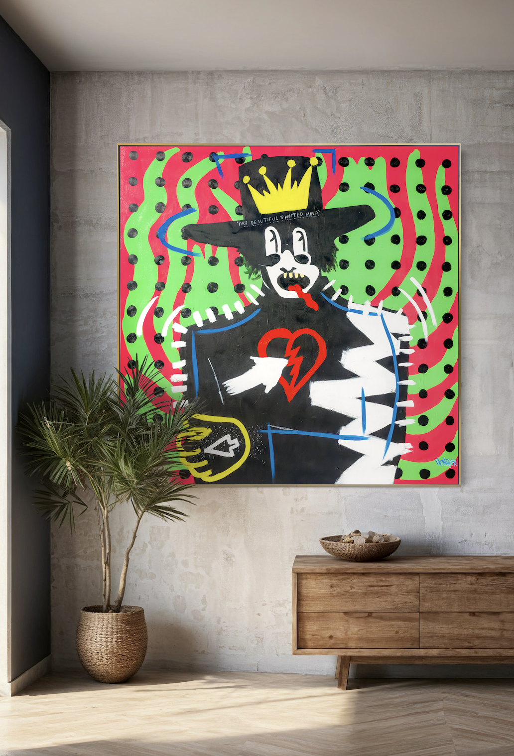 "My beautiful twisted mind" canvas artwork displayed in a modern interior space