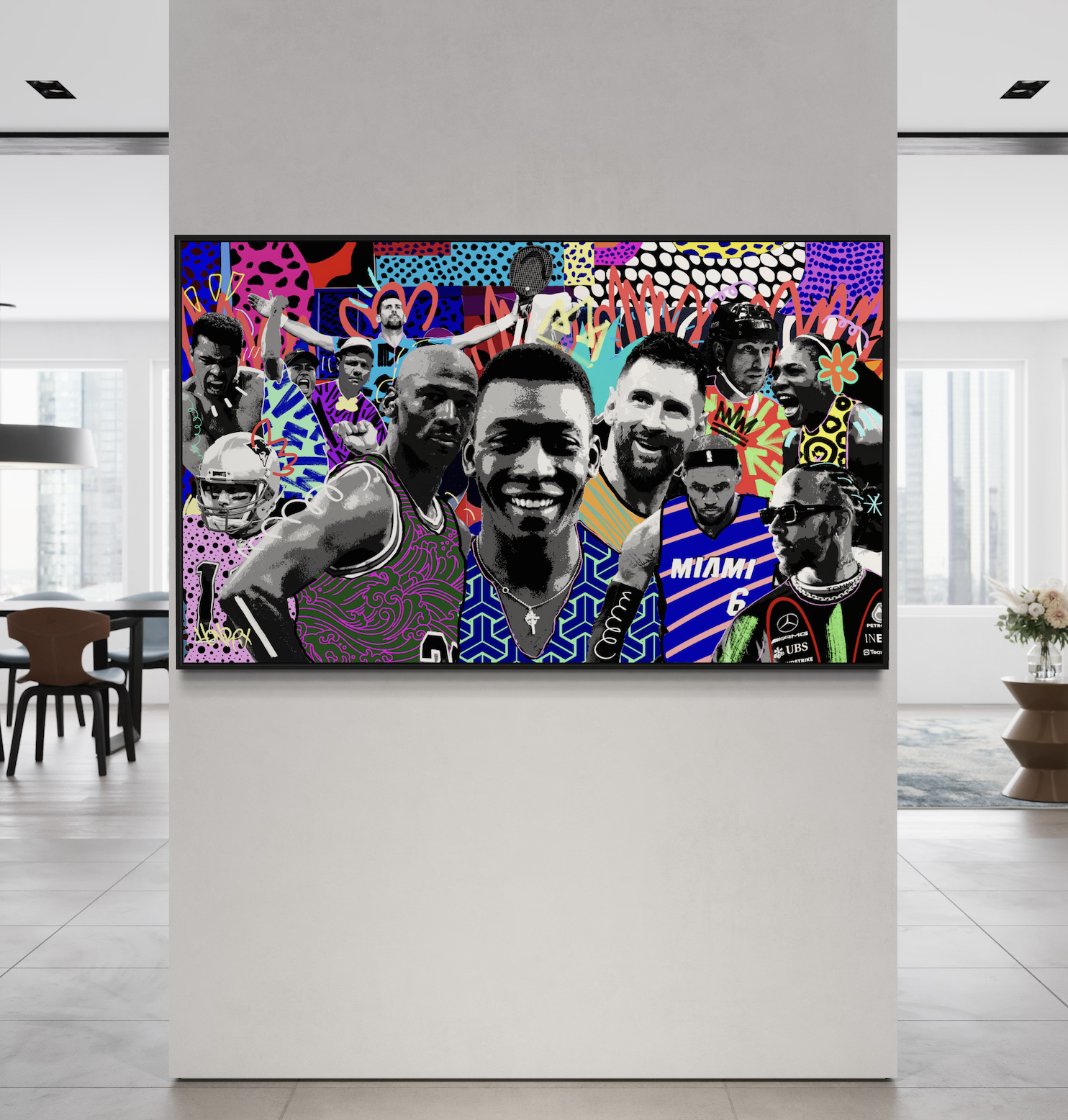 GOATs canvas print by Henrix featuring legendary athletes including Muhammad Ali Michael Jordan Lionel Messi Serena Williams and Tom Brady